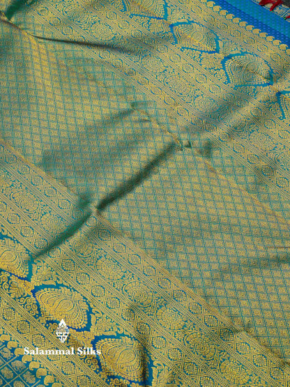 Beautiful Zari Checks With Traditional Butta Dual Tone Peacock Green Bridal Pure Kanjivaram Silk Saree With Blouse