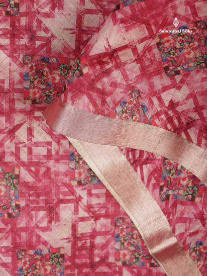 Cotton Mix Saree - Dual Tone Pink Printed Along With Small Ribbon Border