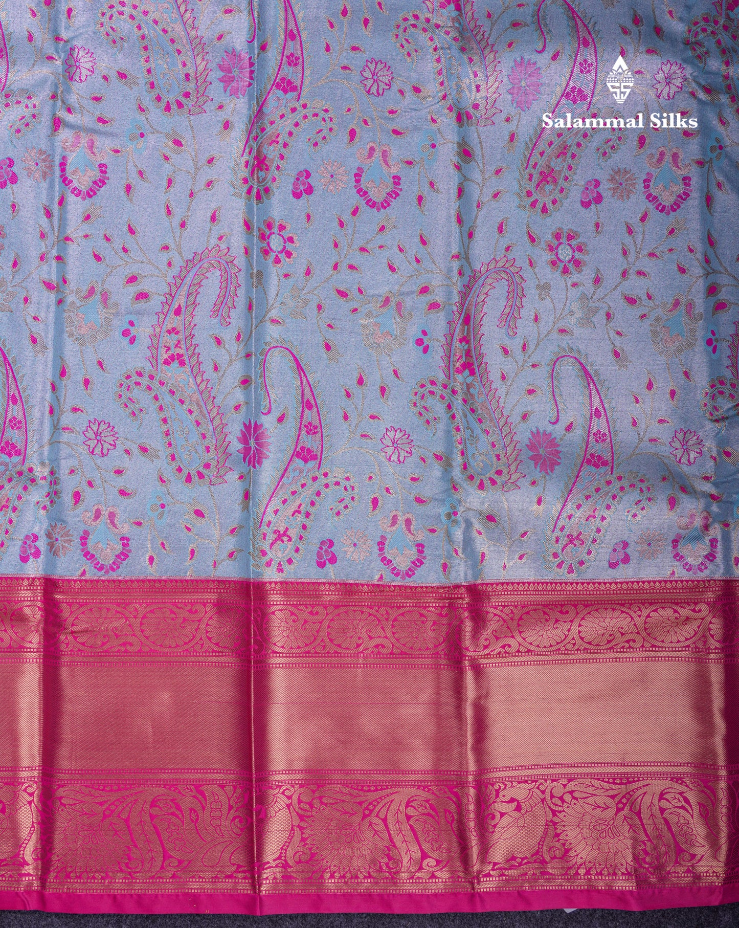 Beautiful Light Blue Tissue Semi Silk Saree With Contrast Pink Traditional Evening Morning Border