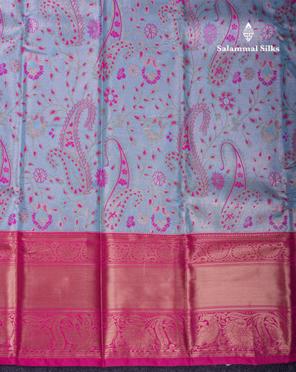 Beautiful Light Blue Tissue Semi Silk Saree With Contrast Pink Traditional Evening Morning Border
