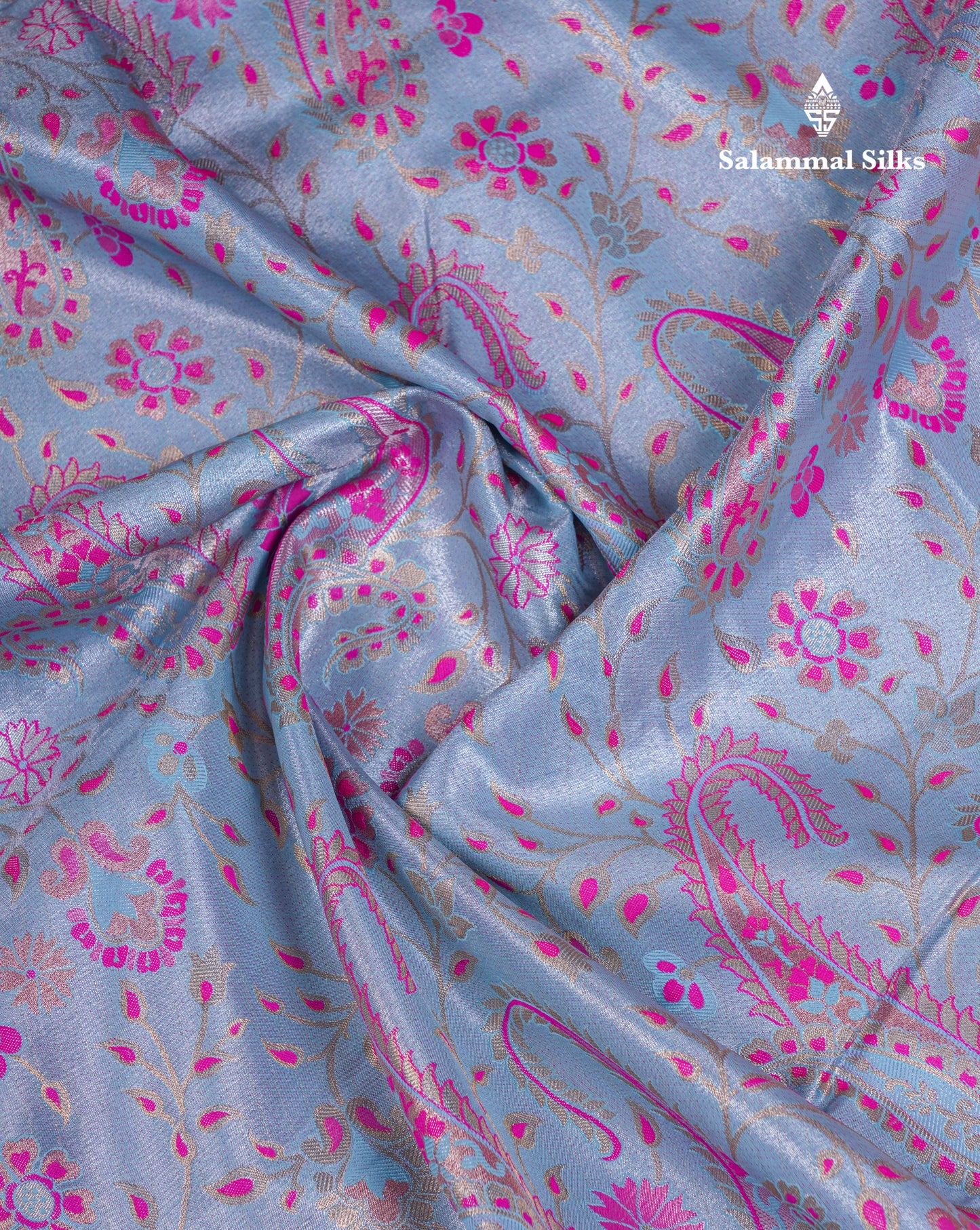 Beautiful Light Blue Tissue Semi Silk Saree With Contrast Pink Traditional Evening Morning Border