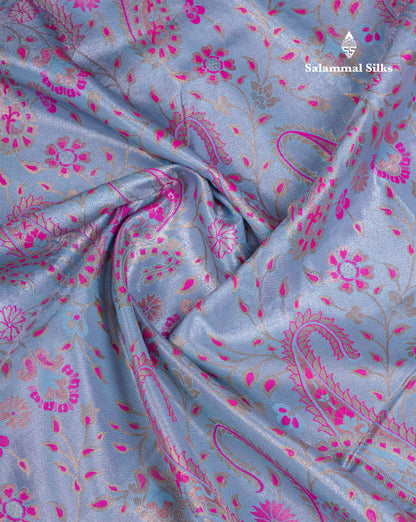 Beautiful Light Blue Tissue Semi Silk Saree With Contrast Pink Traditional Evening Morning Border
