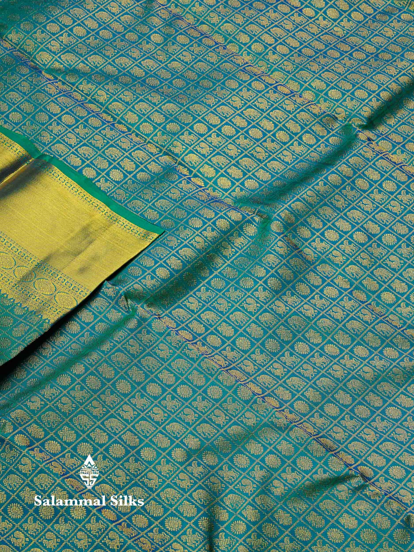 Beautiful Zari Checks With Traditional Butta Dual Tone Peacock Green Bridal Pure Kanjivaram Silk Saree With Blouse