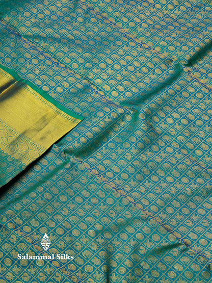 Beautiful Zari Checks With Traditional Butta Dual Tone Peacock Green Bridal Pure Kanjivaram Silk Saree With Blouse