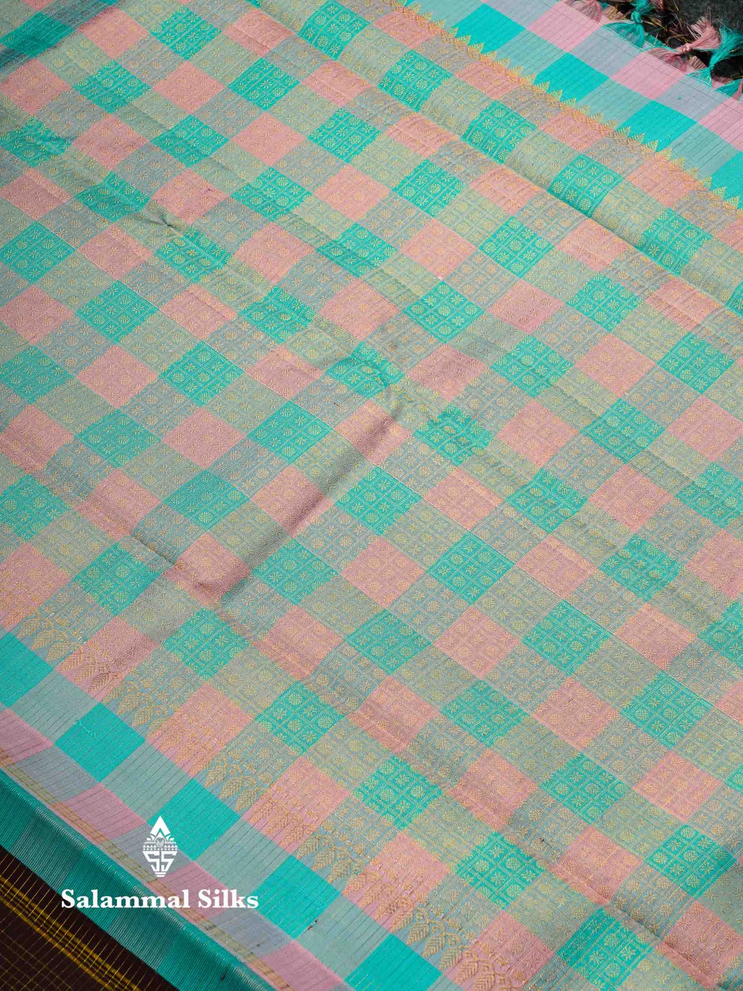 Beautiful Dark Brown Small Zari Checks With Silver & Gold Zari Butta Pure Kanjivaram Silk Saree With Contrast Paalum Pazham Checks Blouse