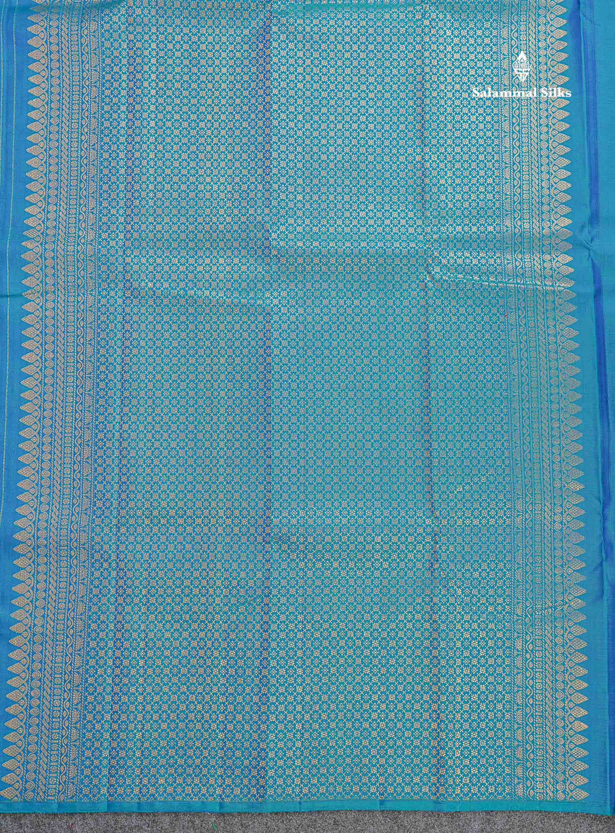 Pure Kanjivaram Silk Saree - Peacock Blue Colour Body With Zari Butta & Traditional Turning Border
