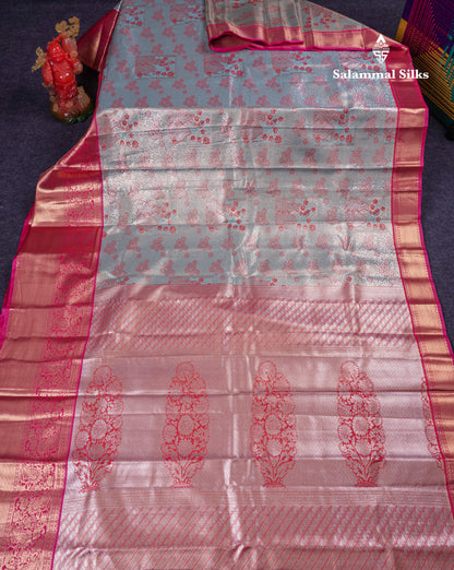 Beautiful Pastel Blue Tissue Semi Silk Saree With Contrast Pink Traditional Evening Morning Border