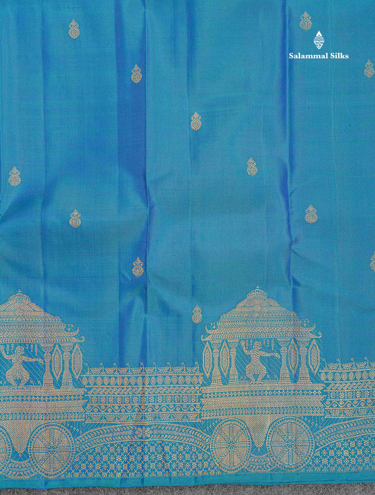 Pure Kanjivaram Silk Saree - Peacock Blue Colour Body With Zari Butta & Traditional Turning Border