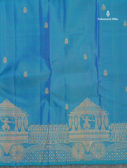 Pure Kanjivaram Silk Saree - Peacock Blue Colour Body With Zari Butta & Traditional Turning Border