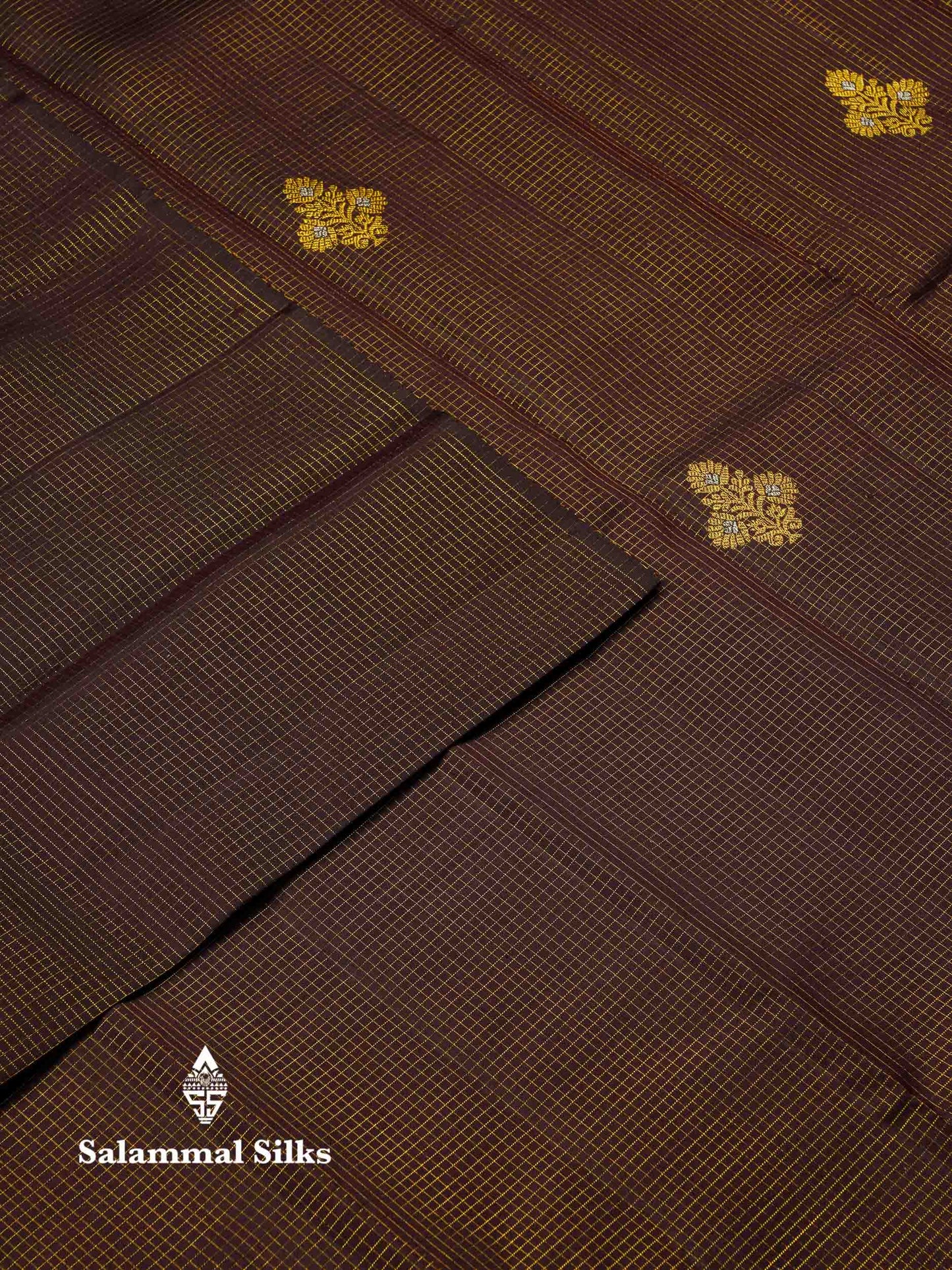 Beautiful Dark Brown Small Zari Checks With Silver & Gold Zari Butta Pure Kanjivaram Silk Saree With Contrast Paalum Pazham Checks Blouse