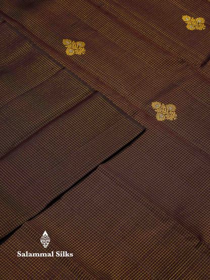 Beautiful Dark Brown Small Zari Checks With Silver & Gold Zari Butta Pure Kanjivaram Silk Saree With Contrast Paalum Pazham Checks Blouse
