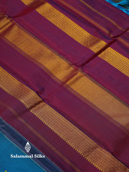Beautiful Dual Tone Ramar Blue Pure Kanjivaram Silk Saree With Contrast Magenta Traditional Small Border