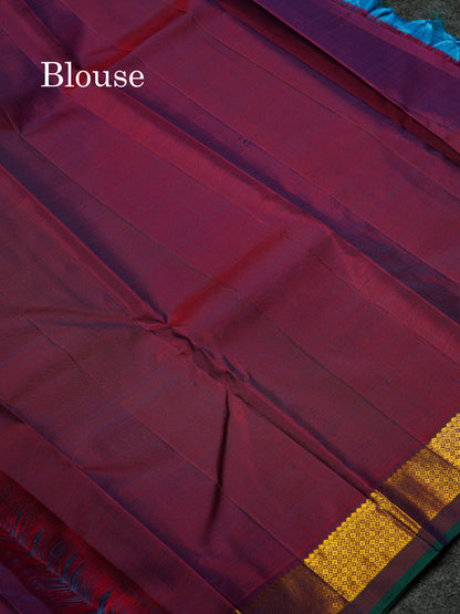 Beautiful Dual Tone Ramar Blue Pure Kanjivaram Silk Saree With Contrast Magenta Traditional Small Border