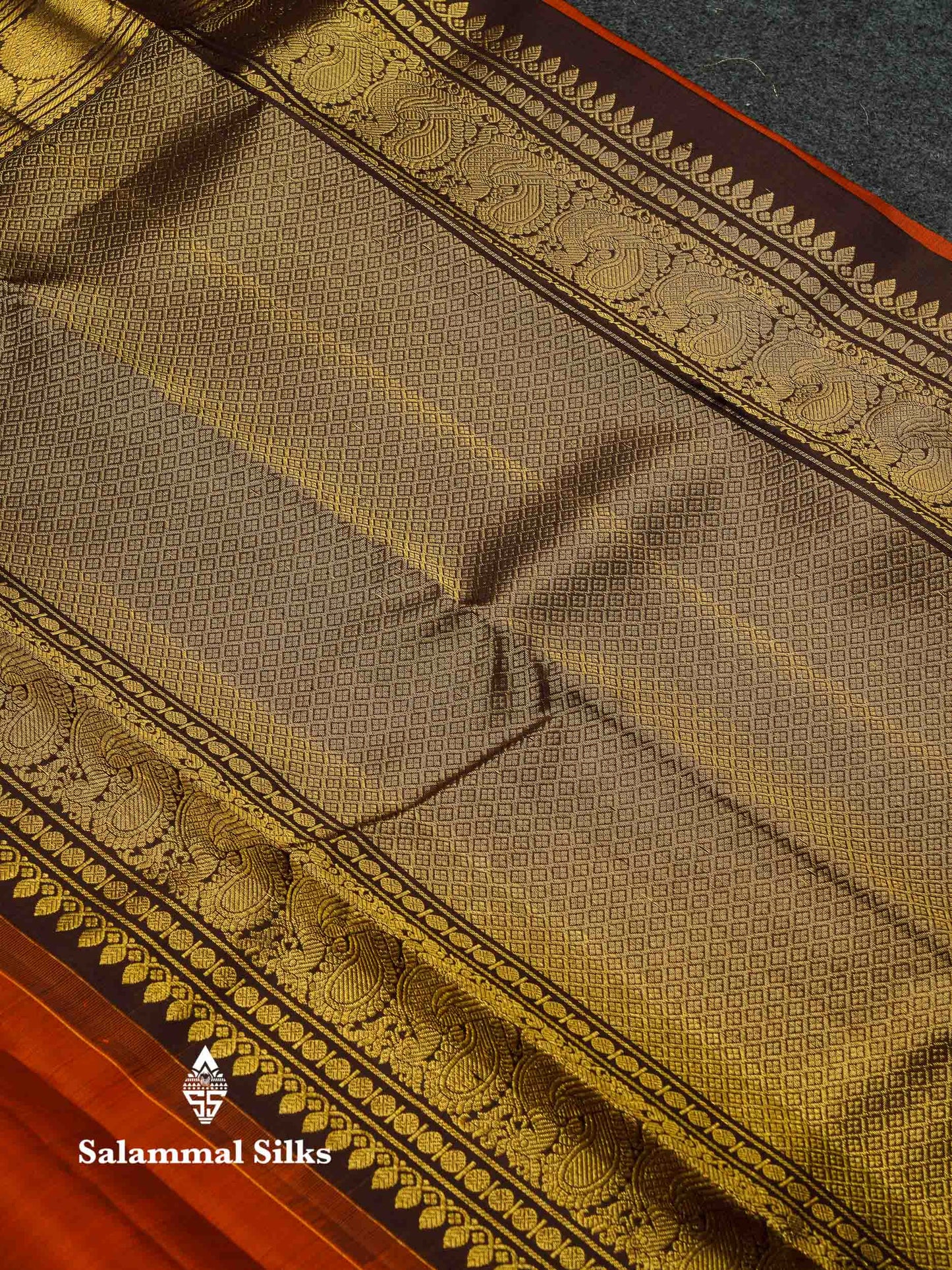 Beautiful Rust Orange Peacock & Chakaram Zari Butta Pure Kanjivaram Silk Saree With Contrast Dark Brown Traditional Gap Border