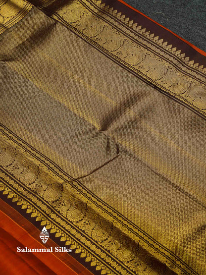Beautiful Rust Orange Peacock & Chakaram Zari Butta Pure Kanjivaram Silk Saree With Contrast Dark Brown Traditional Gap Border
