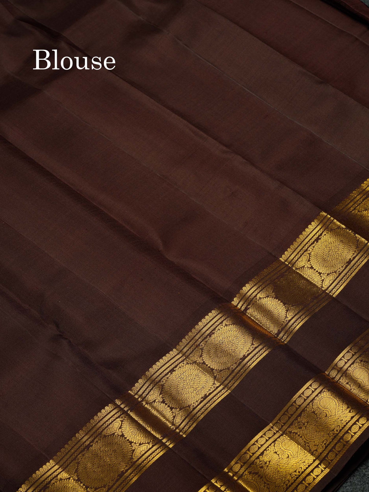 Beautiful Rust Orange Peacock & Chakaram Zari Butta Pure Kanjivaram Silk Saree With Contrast Dark Brown Traditional Gap Border