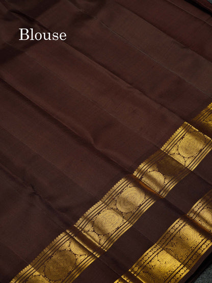 Beautiful Rust Orange Peacock & Chakaram Zari Butta Pure Kanjivaram Silk Saree With Contrast Dark Brown Traditional Gap Border
