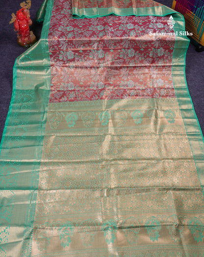 Beautiful Light Orange Tissue Semi Silk Saree With Contrast Rexona Green Traditional Evening Morning Border