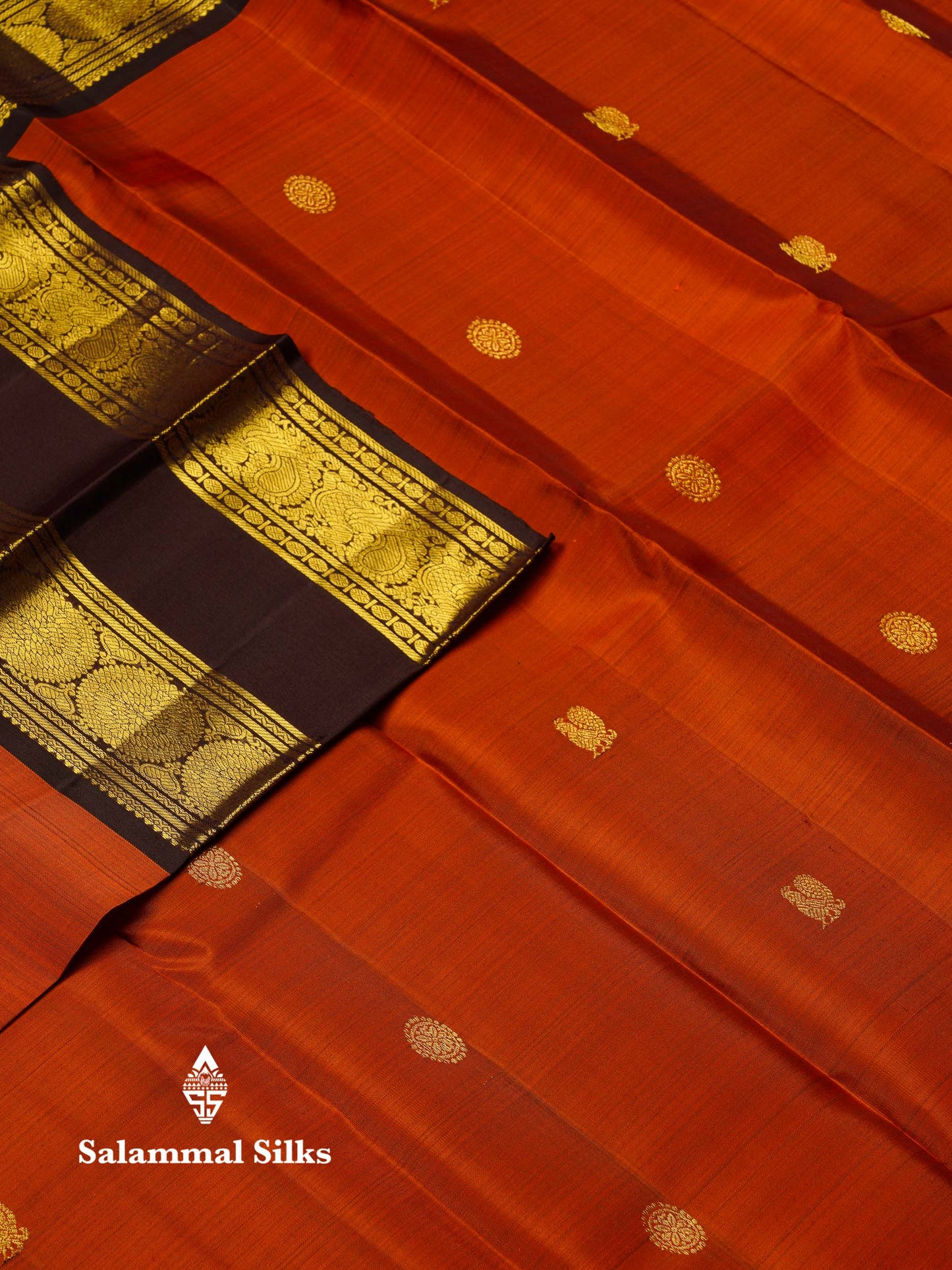Beautiful Rust Orange Peacock & Chakaram Zari Butta Pure Kanjivaram Silk Saree With Contrast Dark Brown Traditional Gap Border