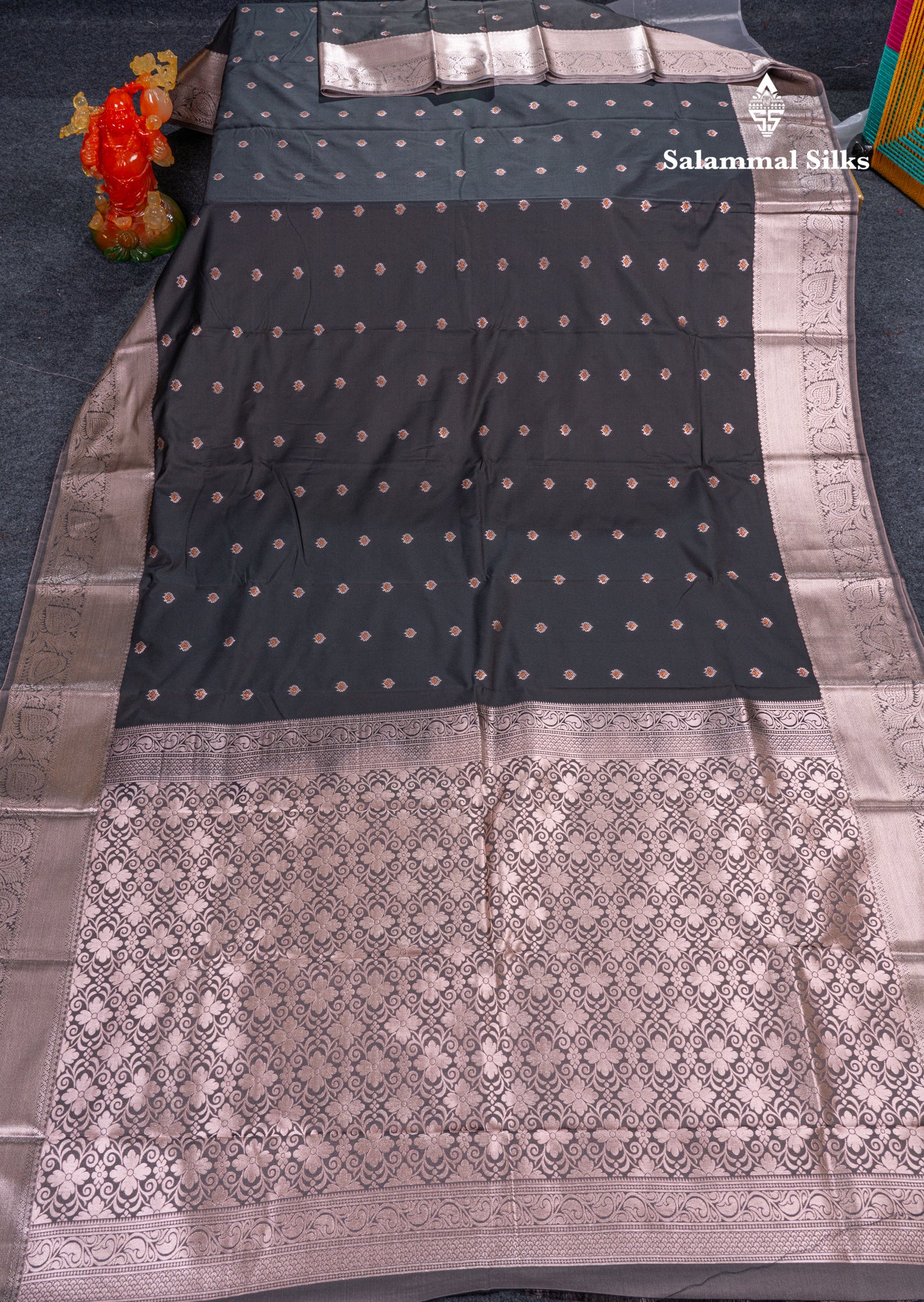 Beautiful Brown Menakari Work Semi Silk Saree With Contrast Grey Border