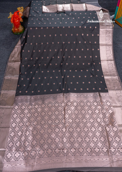 Beautiful Brown Menakari Work Semi Silk Saree With Contrast Grey Border