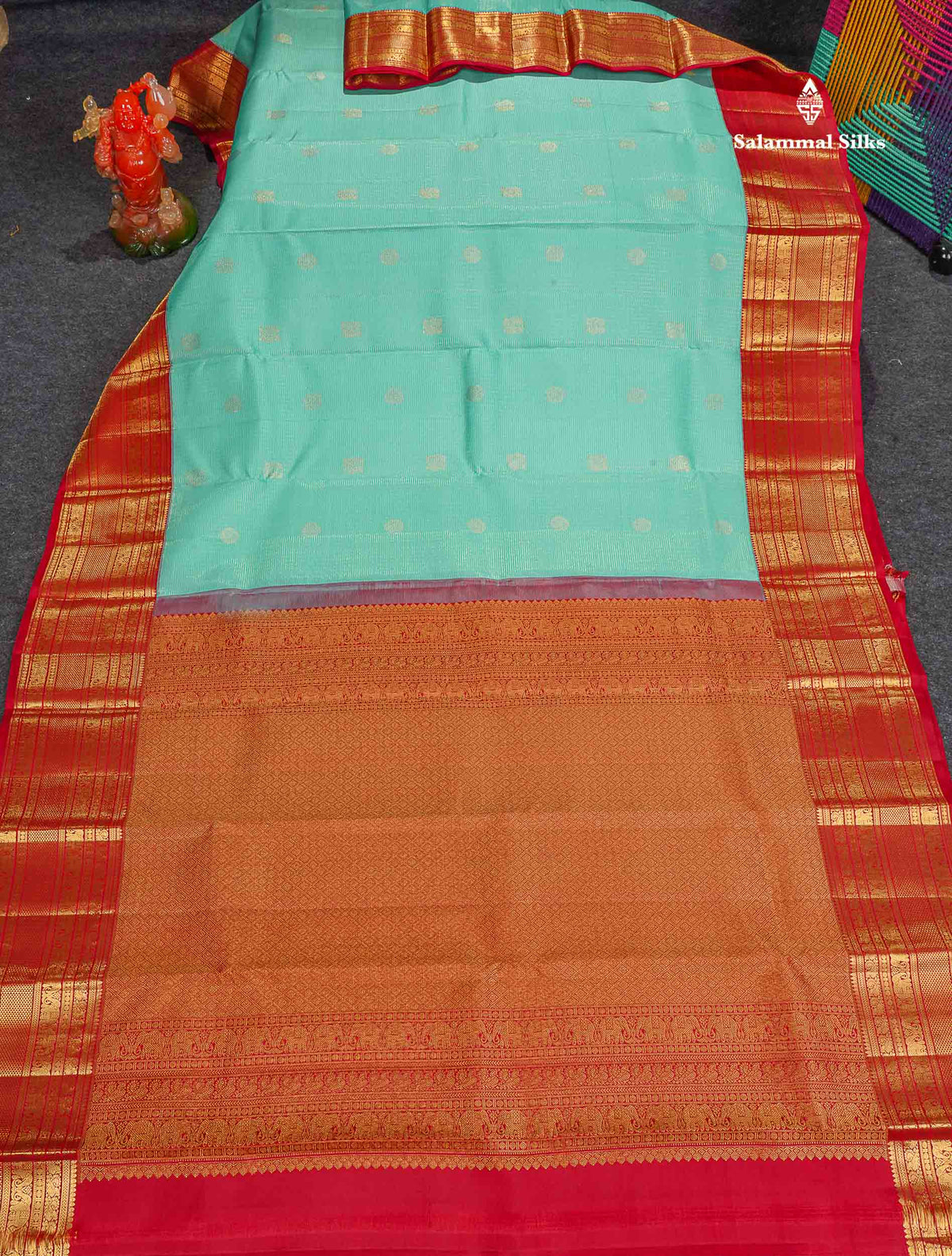 Pure Kanjivaram Silk Saree - Sea Green Colour Body Small Checks With Butta & Chilly Red Traditional Border