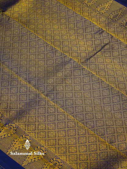 Beautiful Dual Tone Lemon Yellow Pure Kanjivaram Silk Saree With Contrast Navy Blue Traditional Border