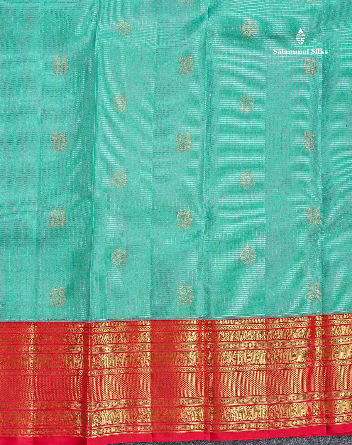 Pure Kanjivaram Silk Saree - Sea Green Colour Body Small Checks With Butta & Chilly Red Traditional Border
