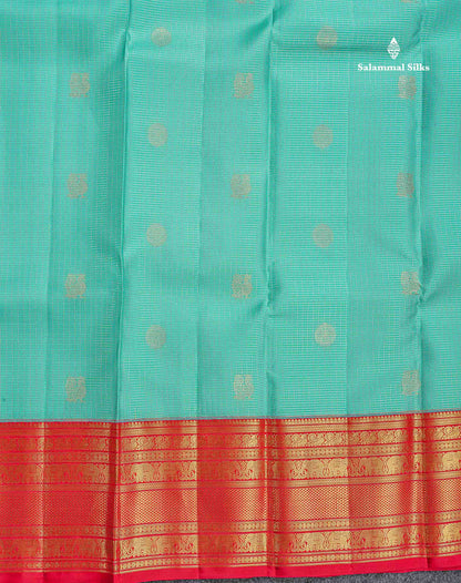 Pure Kanjivaram Silk Saree - Sea Green Colour Body Small Checks With Butta & Chilly Red Traditional Border