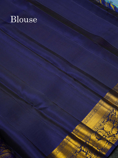 Beautiful Dual Tone Lemon Yellow Pure Kanjivaram Silk Saree With Contrast Navy Blue Traditional Border