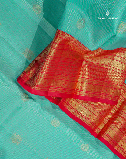 Pure Kanjivaram Silk Saree - Sea Green Colour Body Small Checks With Butta & Chilly Red Traditional Border