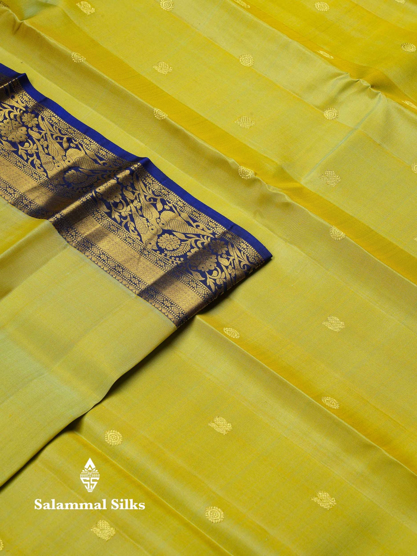 Beautiful Dual Tone Lemon Yellow Pure Kanjivaram Silk Saree With Contrast Navy Blue Traditional Border
