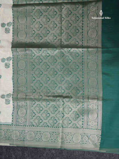 Cotton Mix Saree - Cream Sandal Flower Design Along With Contrast Peacock Green Fancy Border