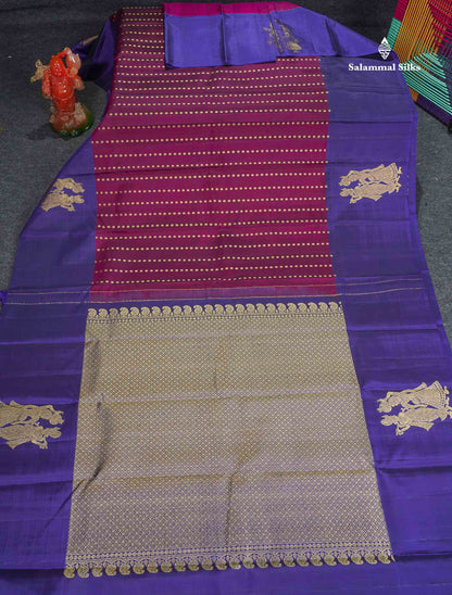 Pure Kanjivaram Silk Saree - Magenta Colour Body With Zari Butta & Violet Border