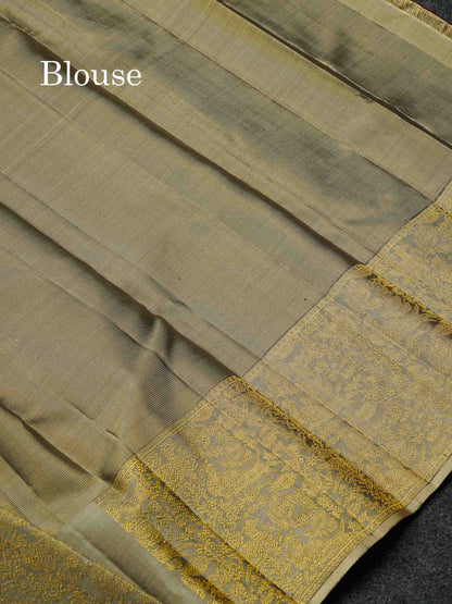Beautiful Dark Brown Vaira Oosi Lines With Butta Pure Kanjivaram Silk Saree With Contrast Dual Tone Grey Traditional Border