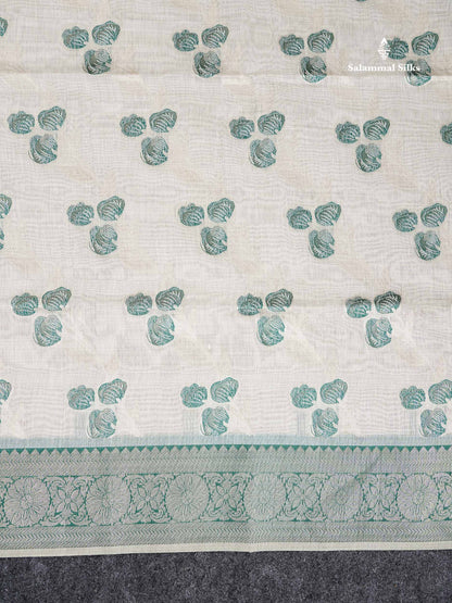 Cotton Mix Saree - Cream Sandal Flower Design Along With Contrast Peacock Green Fancy Border