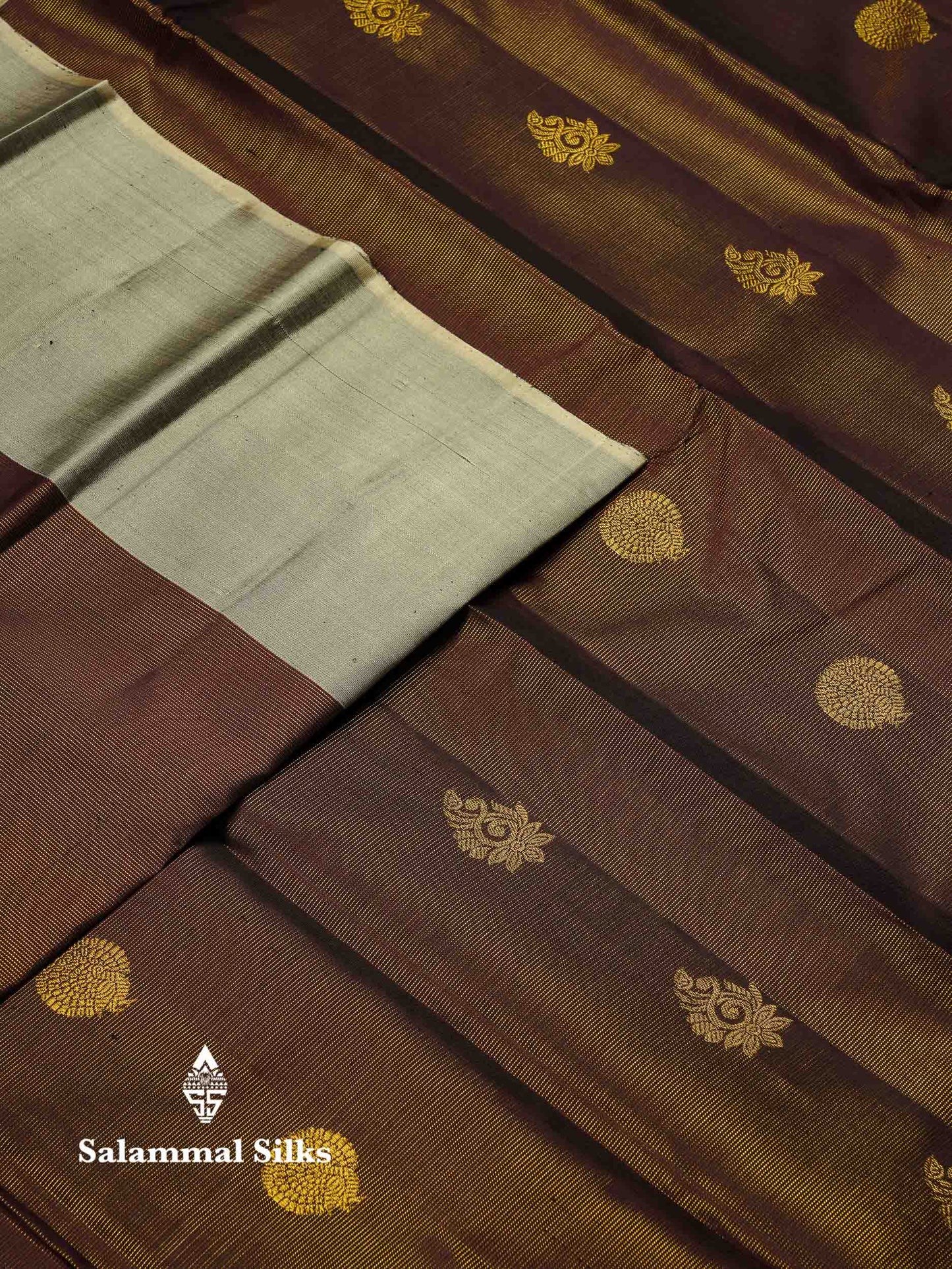 Beautiful Dark Brown Vaira Oosi Lines With Butta Pure Kanjivaram Silk Saree With Contrast Dual Tone Grey Traditional Border