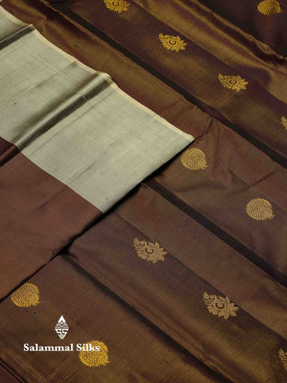 Beautiful Dark Brown Vaira Oosi Lines With Butta Pure Kanjivaram Silk Saree With Contrast Dual Tone Grey Traditional Border
