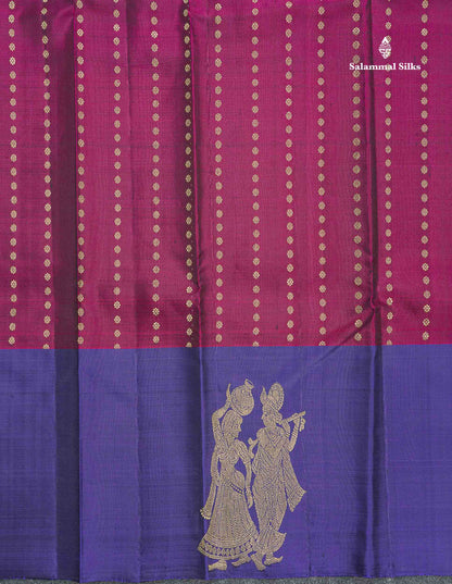 Pure Kanjivaram Silk Saree - Bottle Green Colour Body With Zari Butta & Deep Purple Border