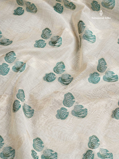 Cotton Mix Saree - Cream Sandal Flower Design Along With Contrast Peacock Green Fancy Border