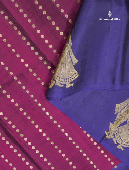 Pure Kanjivaram Silk Saree - Bottle Green Colour Body With Zari Butta & Deep Purple Border