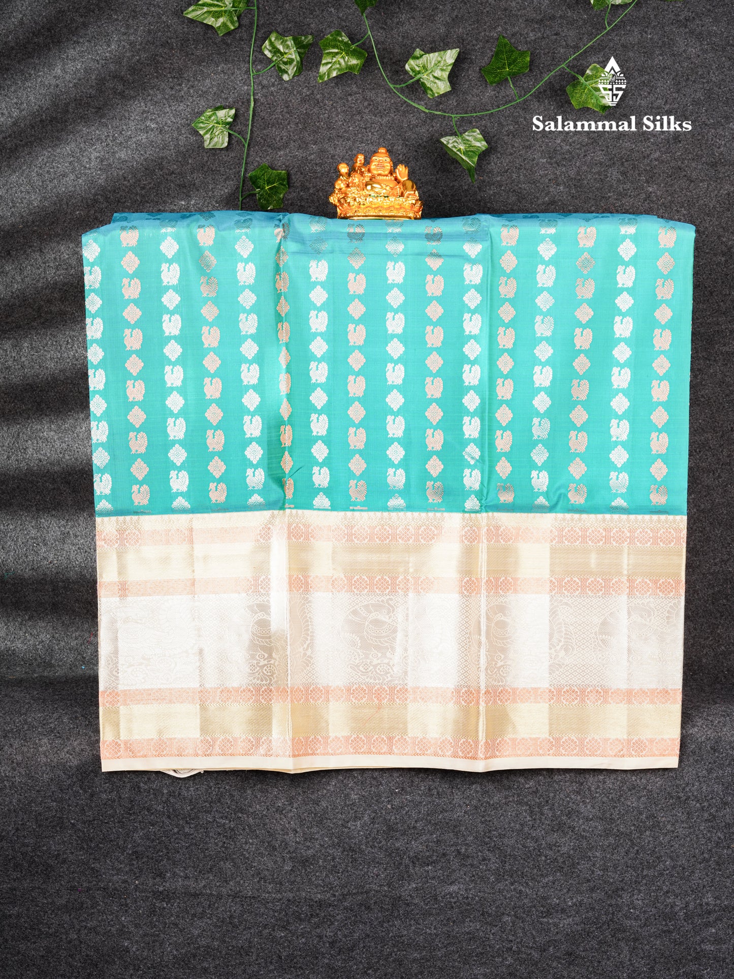 Pure Silk Pattu Pavadai (Dual Tone Peacock Green & Blue ) With Cream Sandal Blouse  44"