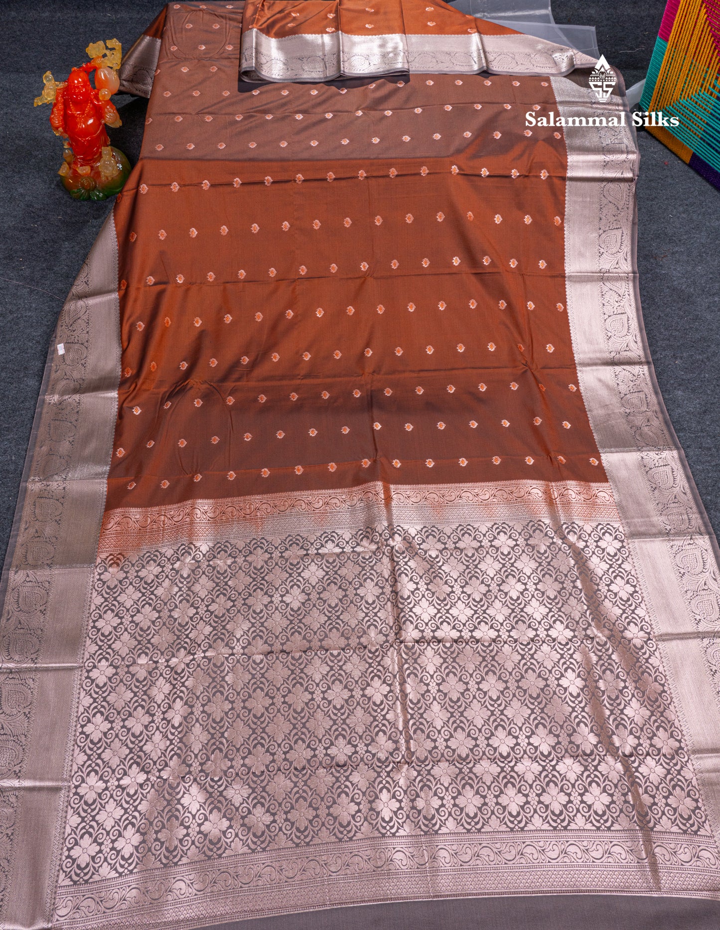 Beautiful Brown Menakari Work Semi Silk Saree With Contrast Grey Border
