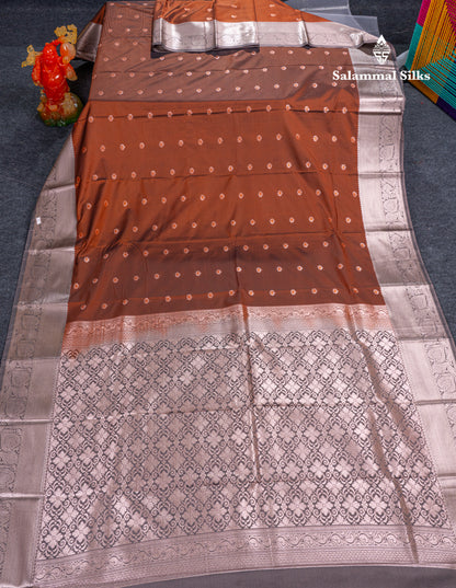 Beautiful Brown Menakari Work Semi Silk Saree With Contrast Grey Border