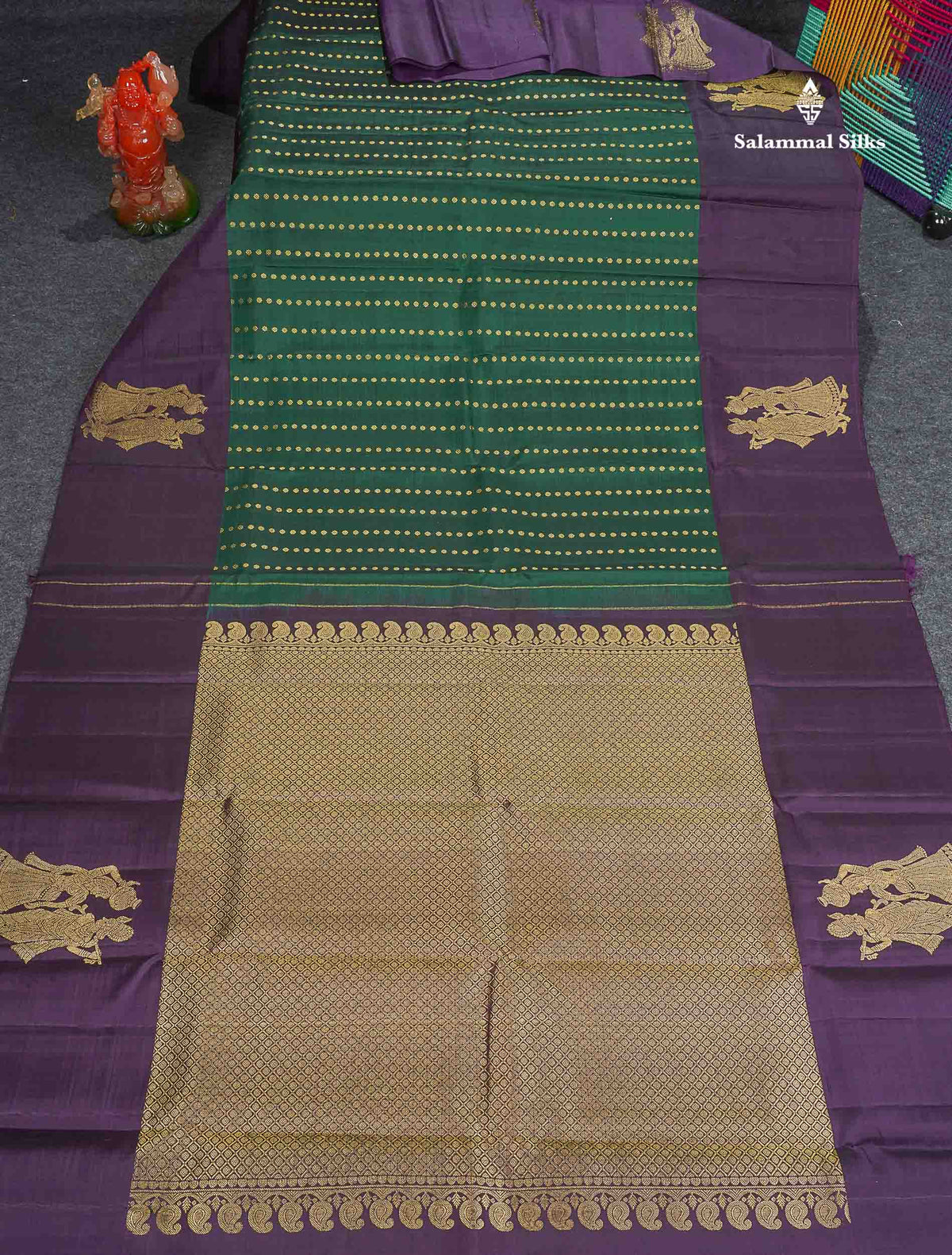 Pure Kanjivaram Silk Saree - Bottle Green Colour Body With Zari Butta & Deep Purple Border