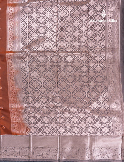 Beautiful Brown Menakari Work Semi Silk Saree With Contrast Grey Border