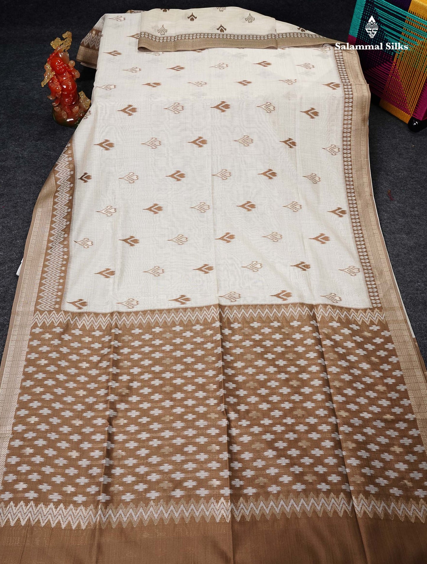Cotton Mix Saree - Cream Sandal Along With Contrast Brown Fancy Border