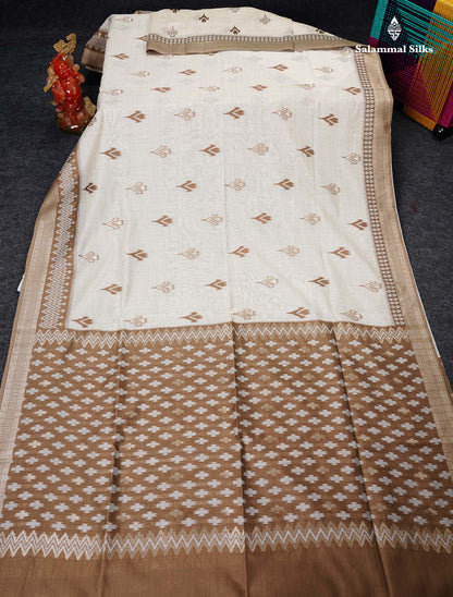 Cotton Mix Saree - Cream Sandal Along With Contrast Brown Fancy Border