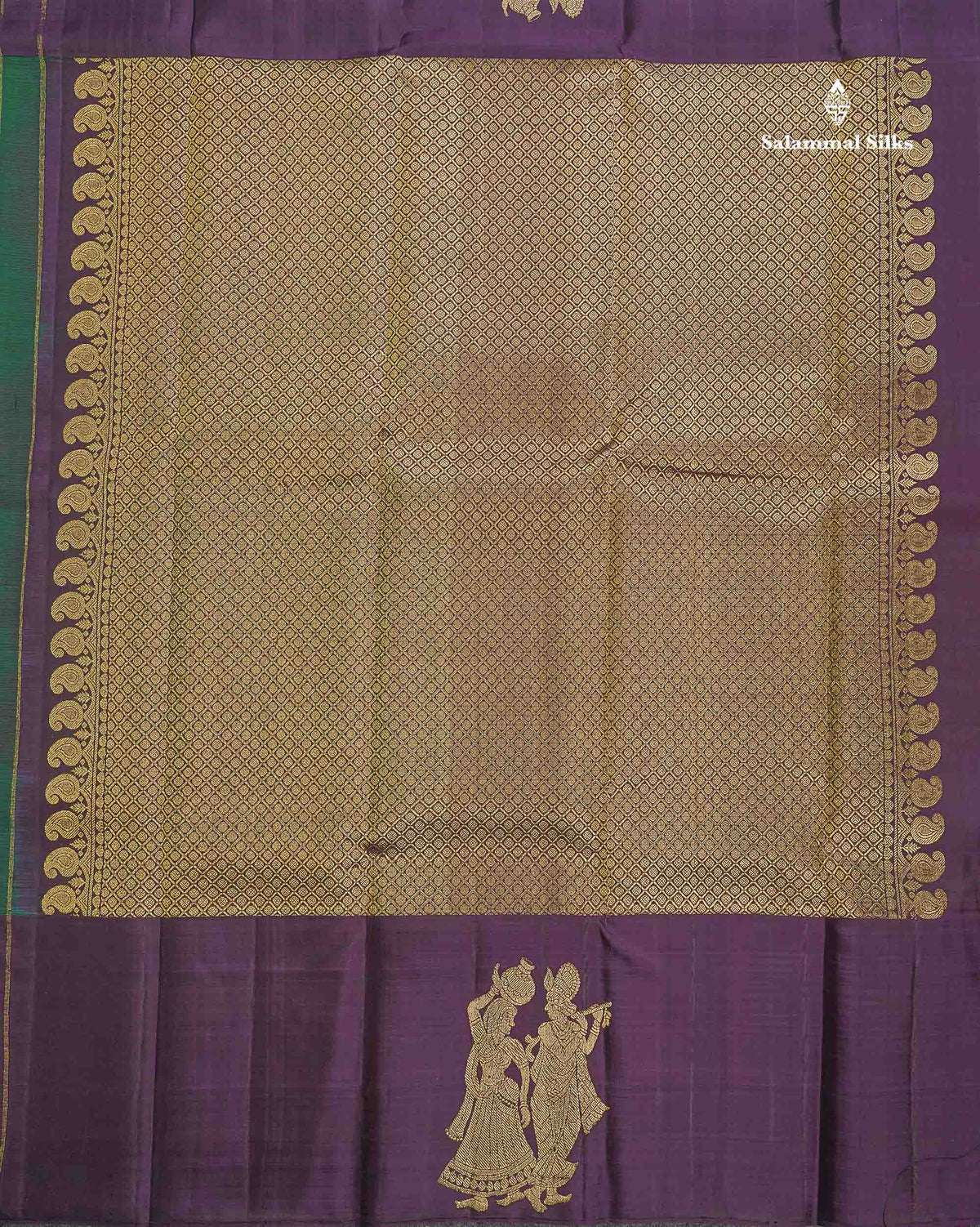 Pure Kanjivaram Silk Saree - Bottle Green Colour Body With Zari Butta & Deep Purple Border