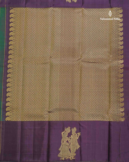 Pure Kanjivaram Silk Saree - Bottle Green Colour Body With Zari Butta & Deep Purple Border